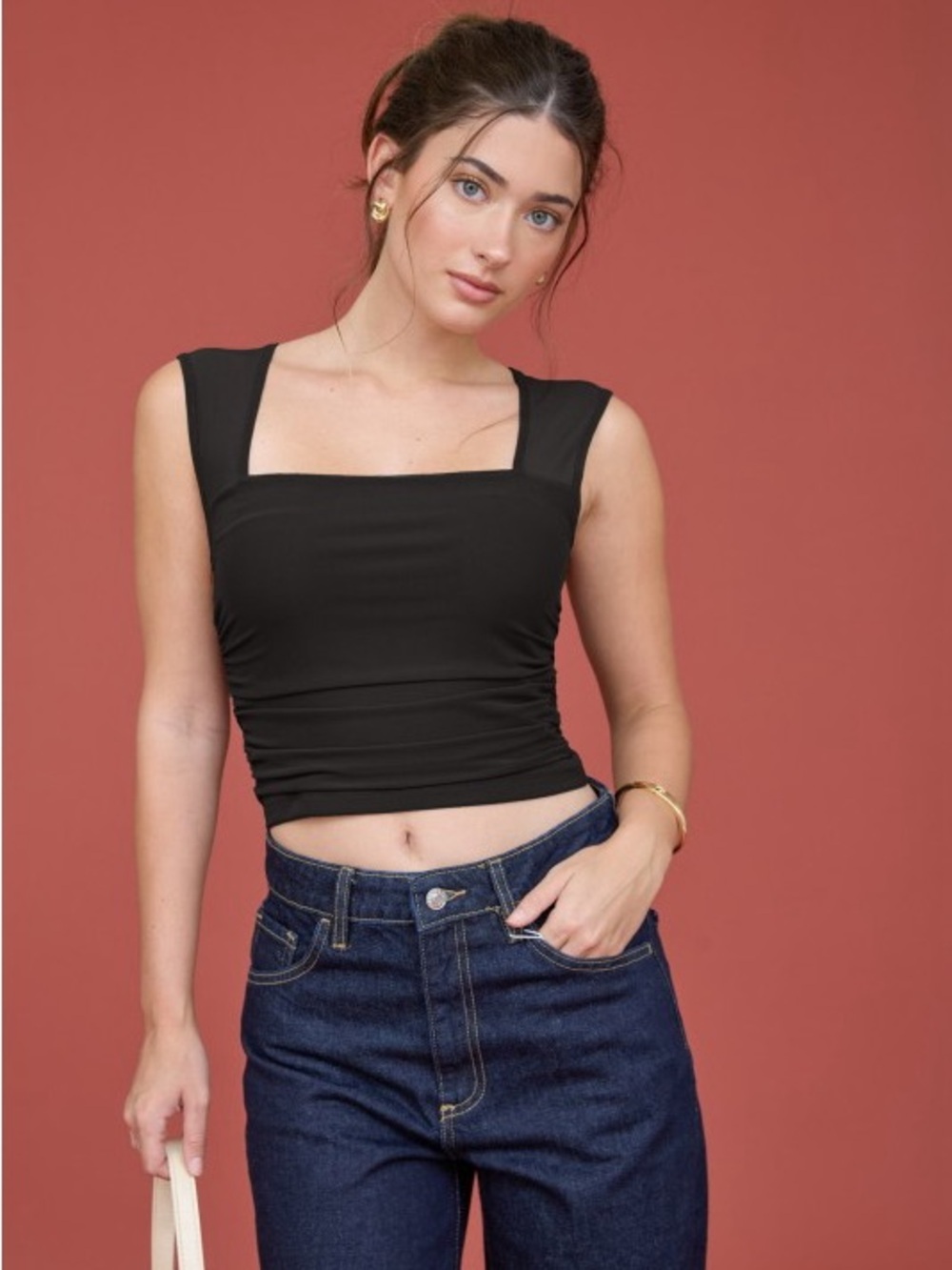 MESH SQUARE NECK RUCHED KNIT CROP TOP Black Size Large